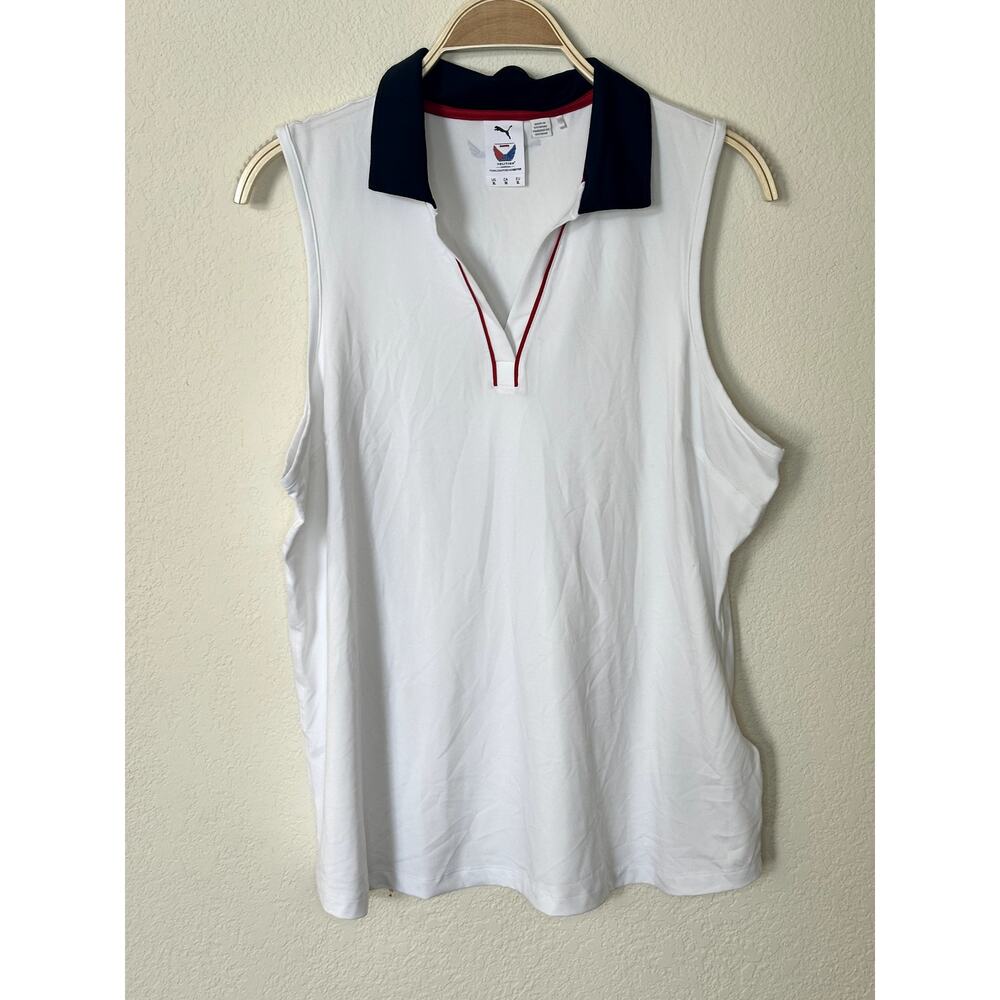 PUMA Volition V-Neck Tank W XL White Blue Collar Red Accents